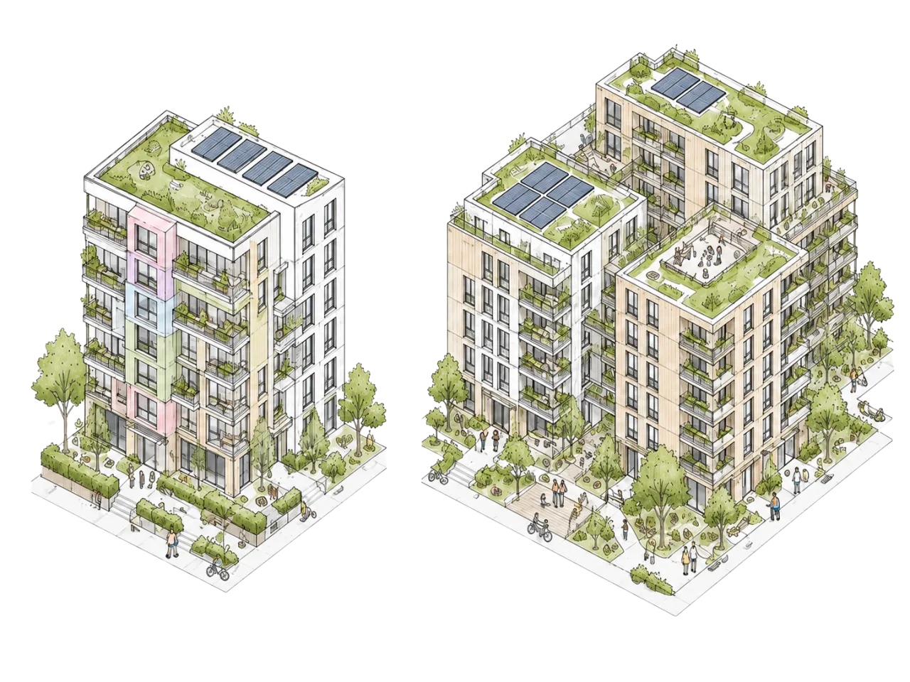 Illustrierte Wohnüberbauungen mit begrünten Dächern, Solaranlagen und belebtem Aussenraum